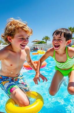 Two handsome 12-year-old boys enjoying a sunny day at a swimming pool, with bright blue water splashing around them