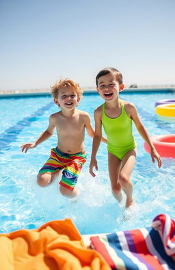 Two handsome 12-year-old boys enjoying a sunny day at a swimming pool, with bright blue water splashing around them