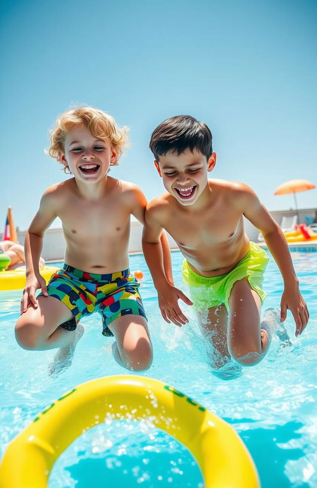 Two handsome 12-year-old boys enjoying a sunny day at a swimming pool, with bright blue water splashing around them