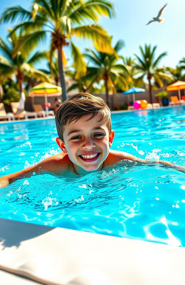 A handsome 12-year-old boy joyfully swimming in a bright blue, sparkling swimming pool on a sunny day