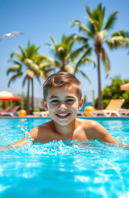 A handsome 12-year-old boy joyfully swimming in a bright blue, sparkling swimming pool on a sunny day