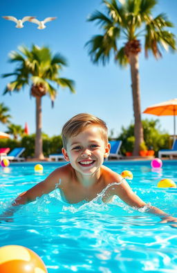 A handsome 12-year-old boy joyfully swimming in a bright blue, sparkling swimming pool on a sunny day