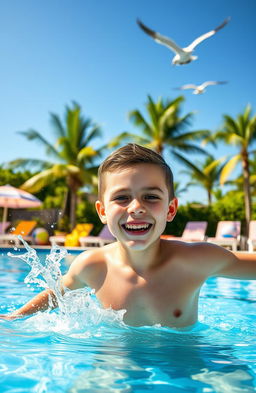 A handsome 12-year-old boy joyfully swimming in a bright blue, sparkling swimming pool on a sunny day
