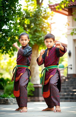 Two handsome 12-year-old boys wearing traditional silat attire, showcasing intricate patterns and vibrant colors