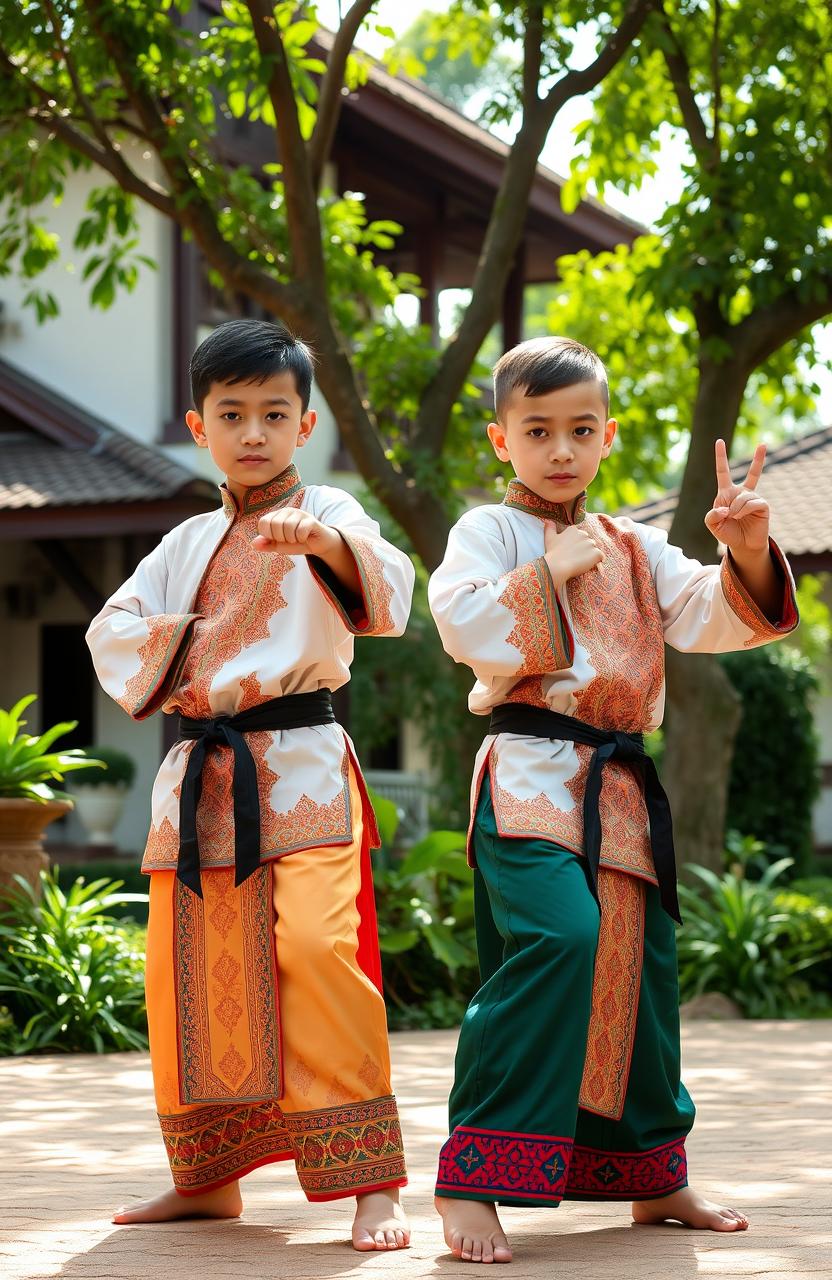 Two handsome 12-year-old boys wearing traditional silat attire, showcasing intricate patterns and vibrant colors