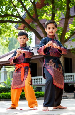 Two handsome 12-year-old boys wearing traditional silat attire, showcasing intricate patterns and vibrant colors