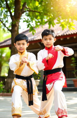 Two handsome 12-year-old boys wearing traditional silat attire, showcasing intricate patterns and vibrant colors