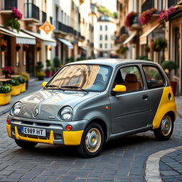 A classic Renault Twingo, showcasing a retro design with a delightful color palette of gray and yellow