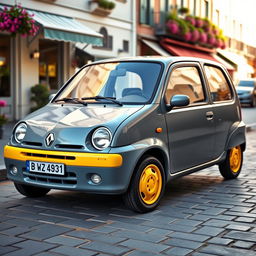 A classic Renault Twingo, showcasing a retro design with a delightful color palette of gray and yellow