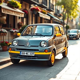 A classic Renault Twingo, showcasing a retro design with a delightful color palette of gray and yellow