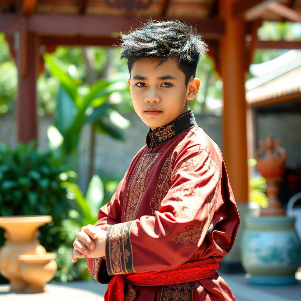 A handsome 15-year-old boy wearing traditional silat attire, characterized by elaborate designs and rich colors