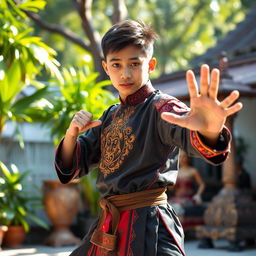 A handsome 15-year-old boy wearing traditional silat attire, characterized by elaborate designs and rich colors