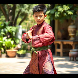 A handsome 15-year-old boy wearing traditional silat attire, characterized by elaborate designs and rich colors