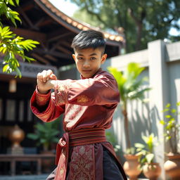 A handsome 15-year-old boy wearing traditional silat attire, characterized by elaborate designs and rich colors