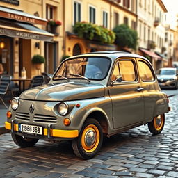 A nostalgic vintage Renault Twingo, prominently displaying its classic design with a delightful combination of gray and yellow colors