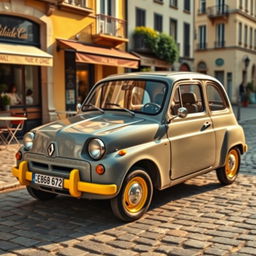 A nostalgic vintage Renault Twingo, prominently displaying its classic design with a delightful combination of gray and yellow colors