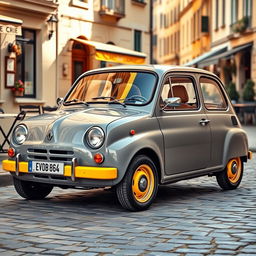 A nostalgic vintage Renault Twingo, prominently displaying its classic design with a delightful combination of gray and yellow colors