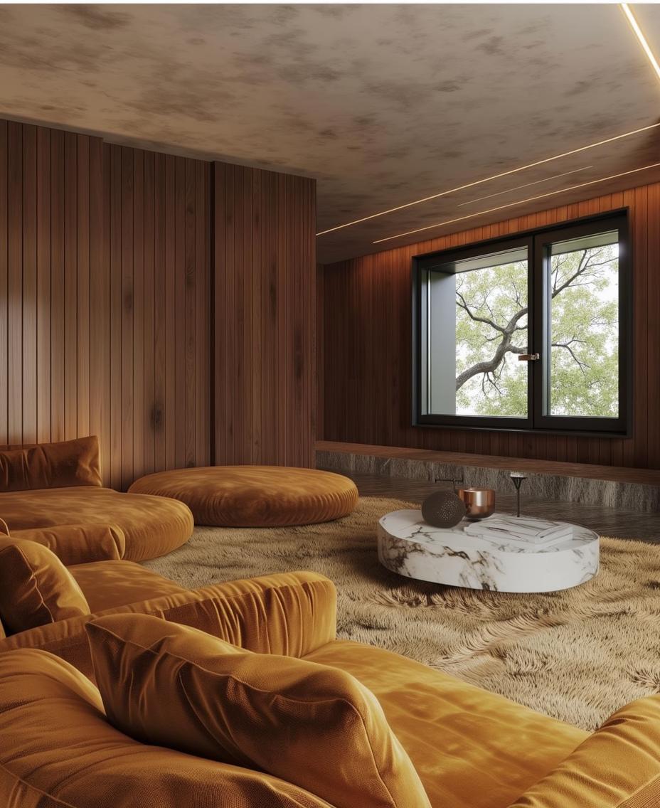 A stylish home theater room featuring warm wooden paneling and modern decor