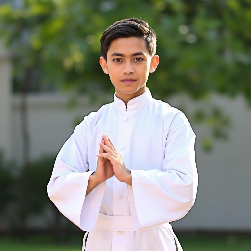 A handsome 15-year-old boy wearing a white traditional silat outfit, elegantly designed with subtle patterns