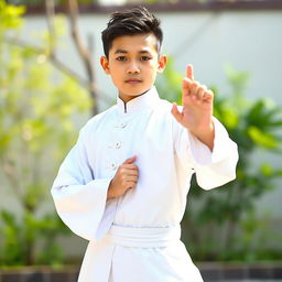 A handsome 15-year-old boy wearing a white traditional silat outfit, elegantly designed with subtle patterns