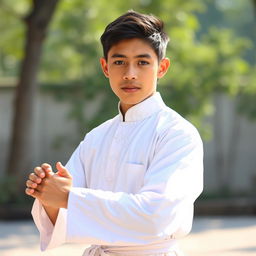 A handsome 15-year-old boy wearing a white traditional silat outfit, elegantly designed with subtle patterns