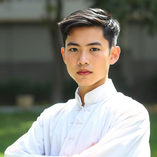 A handsome 15-year-old boy wearing a white traditional silat outfit, elegantly designed with subtle patterns