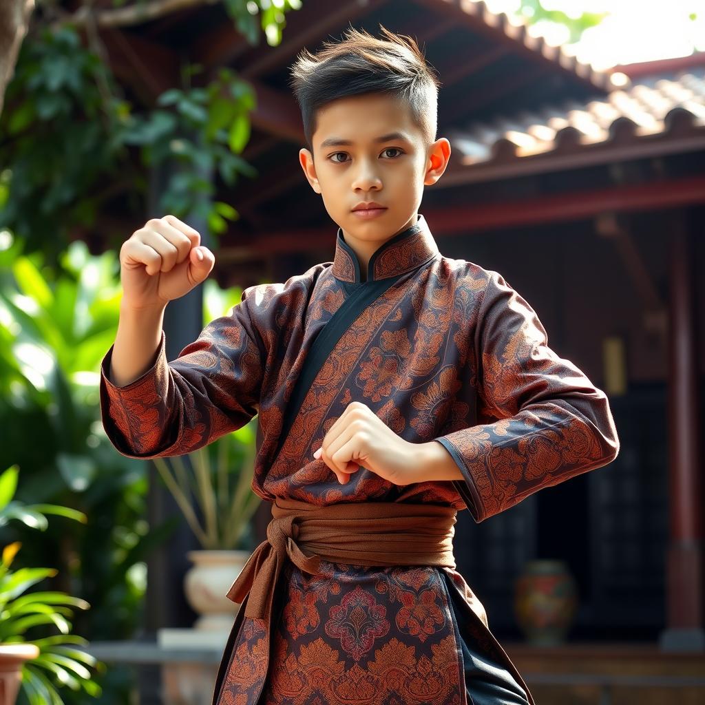 A handsome 14-year-old boy wearing traditional silat attire, featuring detailed and vibrant patterns