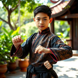 A handsome 14-year-old boy wearing traditional silat attire, featuring detailed and vibrant patterns