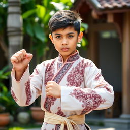 A handsome 14-year-old boy wearing traditional silat attire, featuring detailed and vibrant patterns