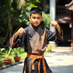 A handsome 14-year-old boy wearing traditional silat attire, featuring detailed and vibrant patterns