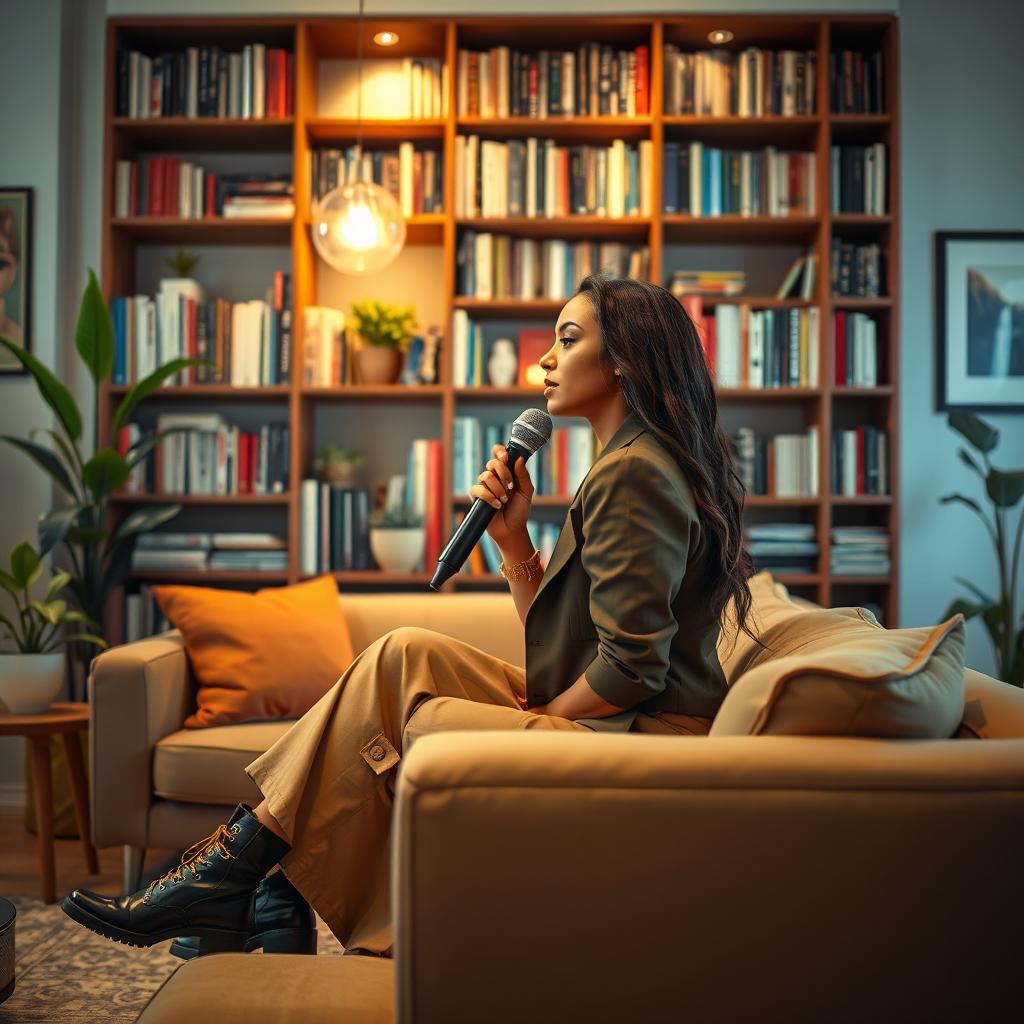 A side view of a stunning song artist sitting on a stylish sofa in a warmly lit room