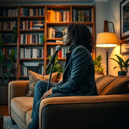 A side view of a stunning song artist sitting on a stylish sofa in a warmly lit room