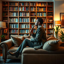 A side view of a stunning song artist sitting on a stylish sofa in a warmly lit room