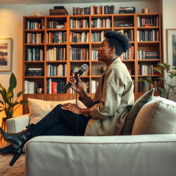 A side view of a stunning song artist sitting on a stylish sofa in a warmly lit room