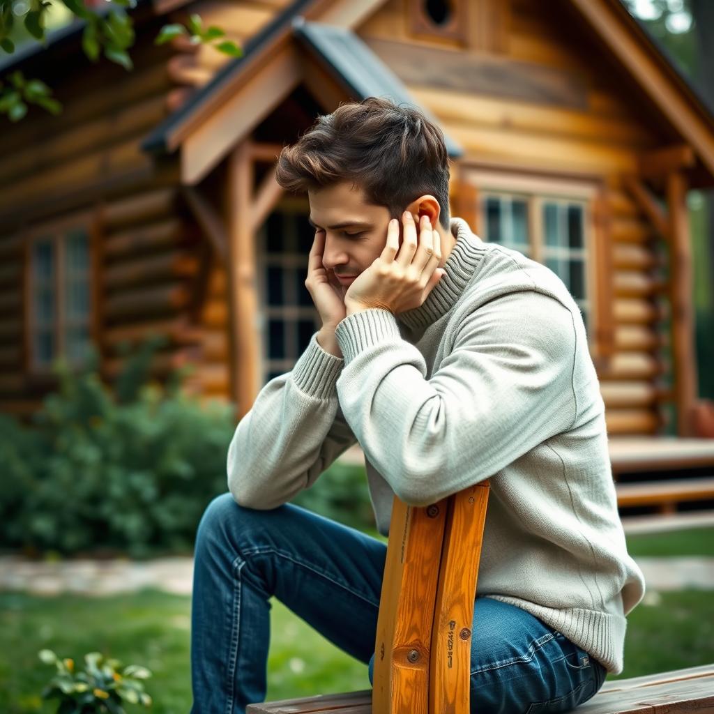 A man sitting on a wooden bench, resting his hands on his cheeks while looking down thoughtfully