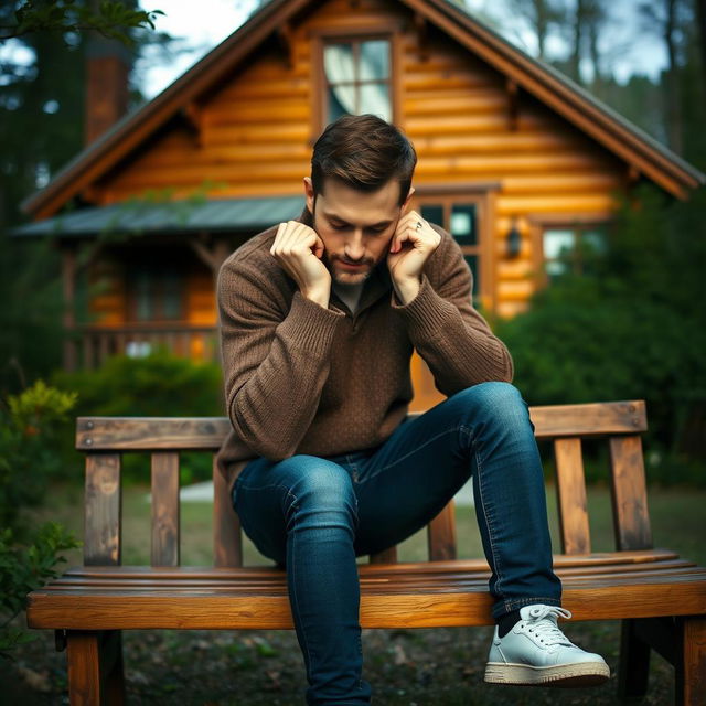 A man sitting on a wooden bench, resting his hands on his cheeks while looking down thoughtfully