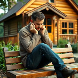 A man sitting on a wooden bench, resting his hands on his cheeks while looking down thoughtfully