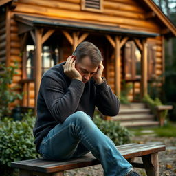 A man sitting on a wooden bench, resting his hands on his cheeks while looking down thoughtfully