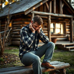 A man sitting on a wooden bench, resting his hands on his cheeks while gazing down thoughtfully