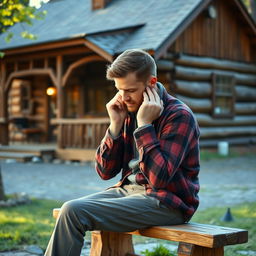 A man sitting on a wooden bench, resting his hands on his cheeks while gazing down thoughtfully