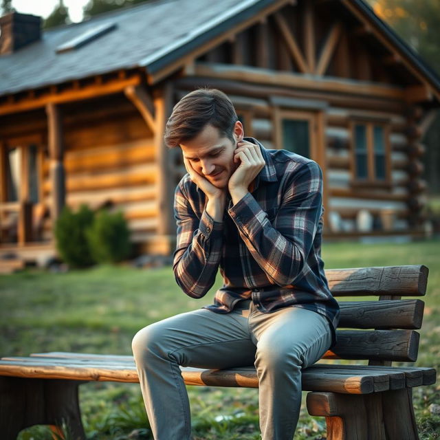 A man sitting on a wooden bench, resting his hands on his cheeks while gazing down thoughtfully