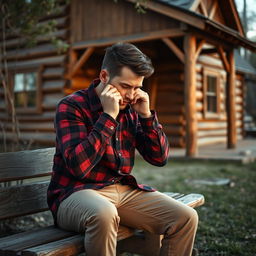 A man sitting on a wooden bench, resting his hands on his cheeks while gazing down thoughtfully