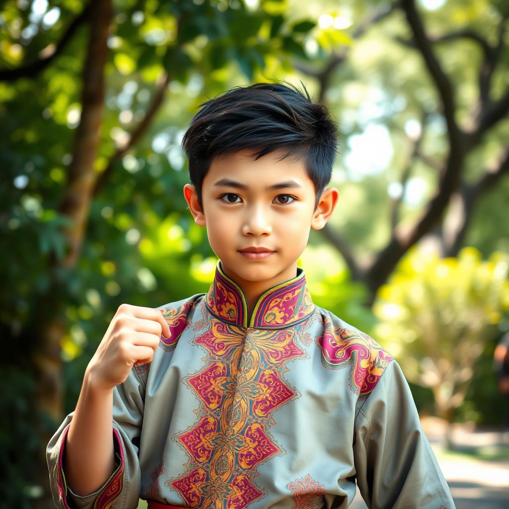 A handsome 14-year-old boy wearing a traditional silat outfit, showcasing an intricate design with vibrant colors and elegant patterns