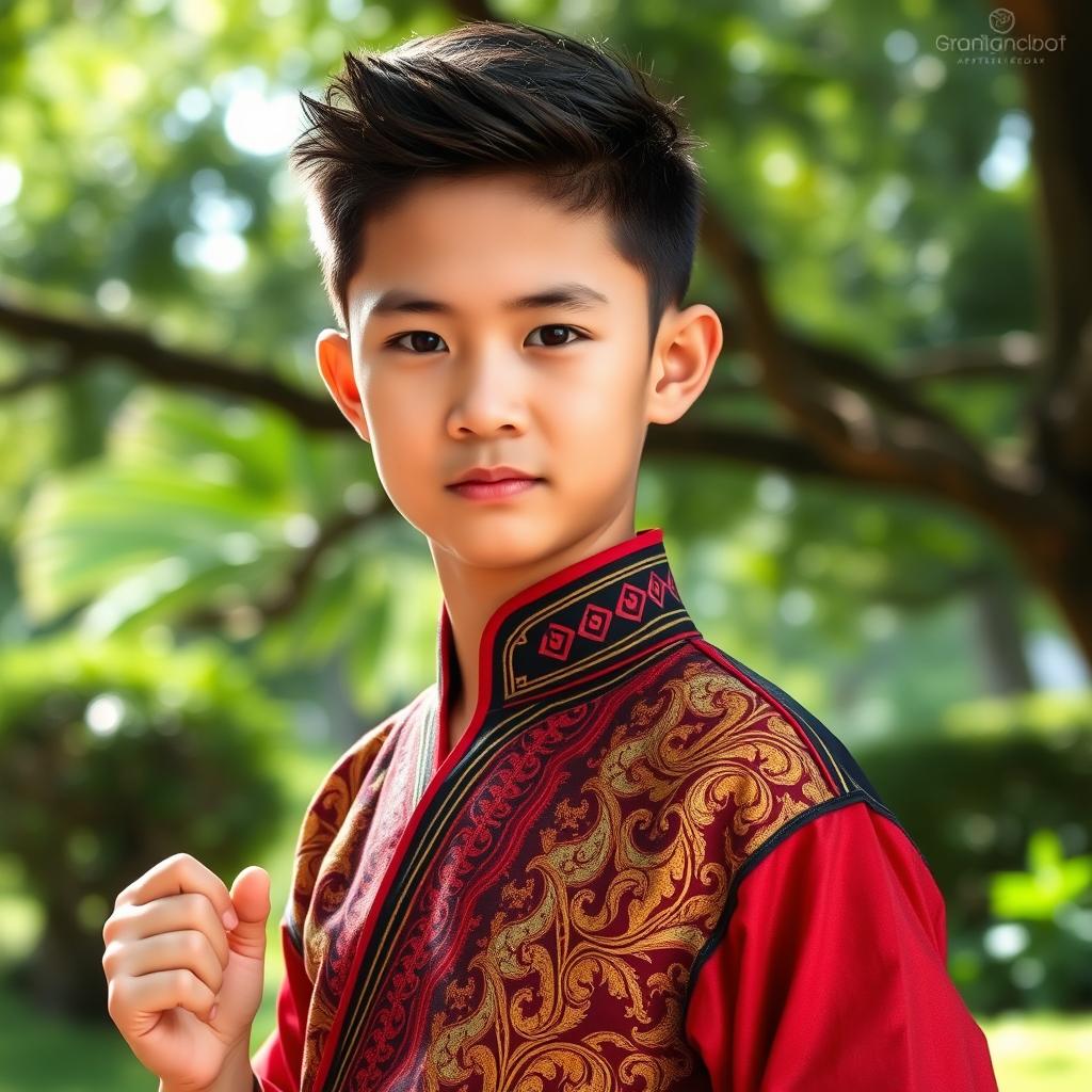 A handsome 14-year-old boy wearing a traditional silat outfit, showcasing an intricate design with vibrant colors and elegant patterns