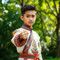 A handsome 14-year-old boy wearing a traditional silat outfit, showcasing an intricate design with vibrant colors and elegant patterns