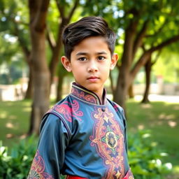 A handsome 14-year-old boy wearing a traditional silat outfit, showcasing an intricate design with vibrant colors and elegant patterns