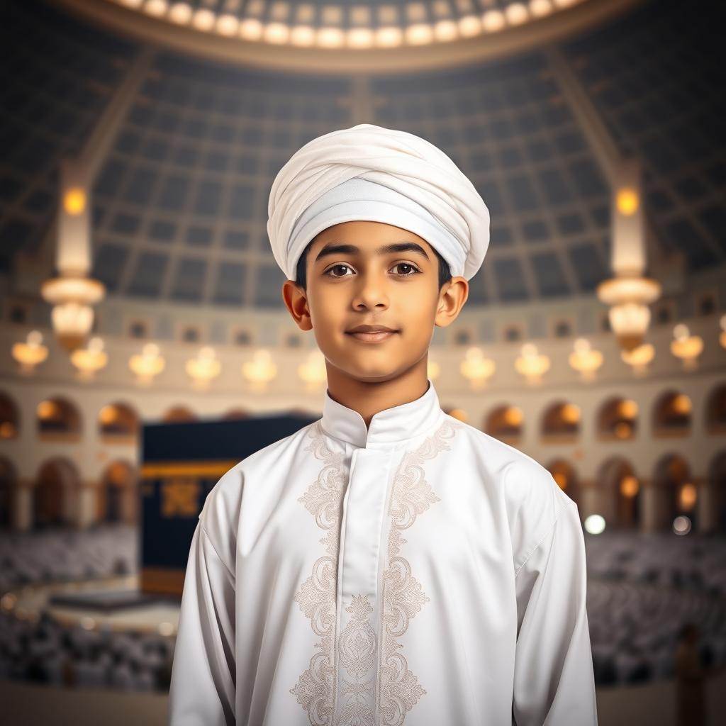 A handsome 14-year-old boy dressed in traditional imam attire, standing confidently with a serene expression