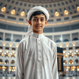 A handsome 14-year-old boy dressed in traditional imam attire, standing confidently with a serene expression