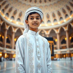 A handsome 14-year-old boy dressed in traditional imam attire, standing confidently with a serene expression