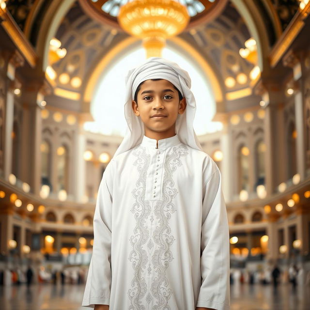 A handsome 14-year-old boy dressed in traditional imam attire, standing confidently with a serene expression